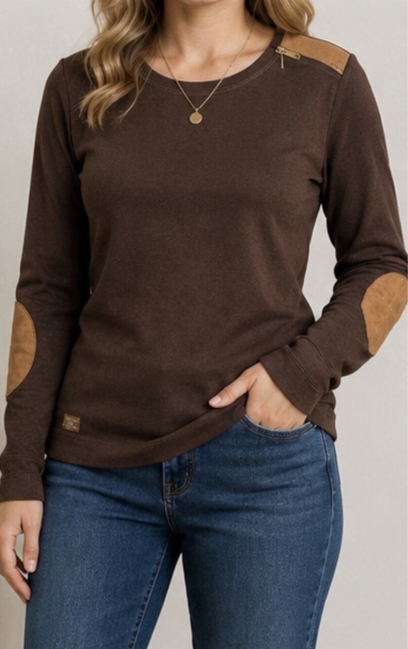 Lauren Ralph Lauren Brown Elbow Patch Shoulder Zip Top M